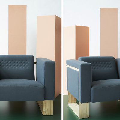 Fåtöljen Karg. är Petronellas gesällprov med traditionellt bundna resårer. Formgivning och tapetsering: Petronella Nylin Blomberg, ena hälften av Tapetserargruppen Svängen. Utställd i Milano under Milan Design Week 2019. Textil från JAB. Foto: Henrik Folkesson